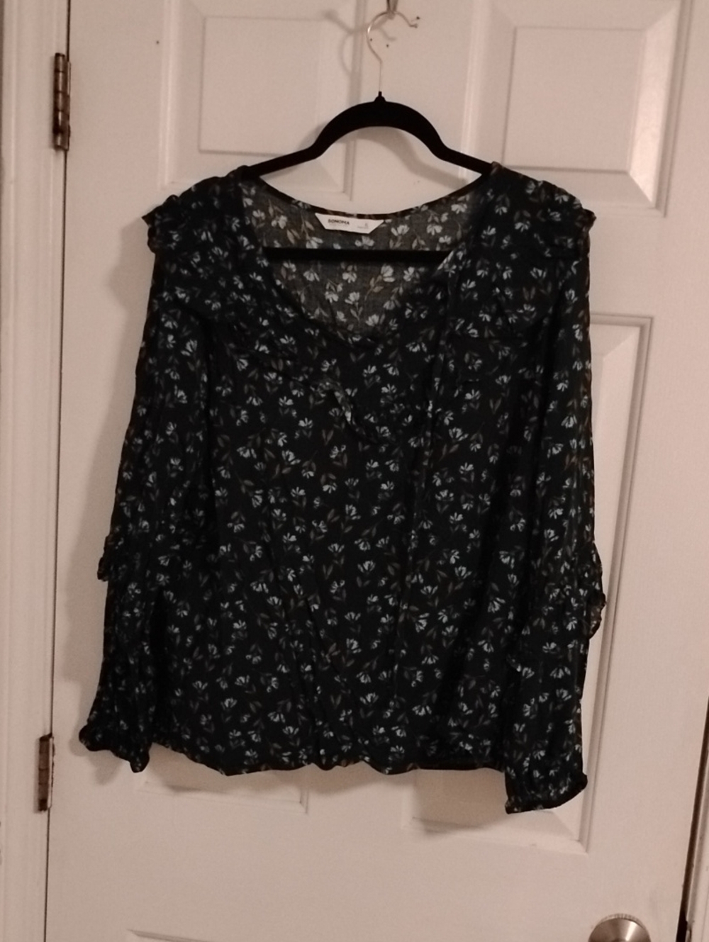 Sonoma Black Blouse with Blue Floral Print and Ruffle Trim